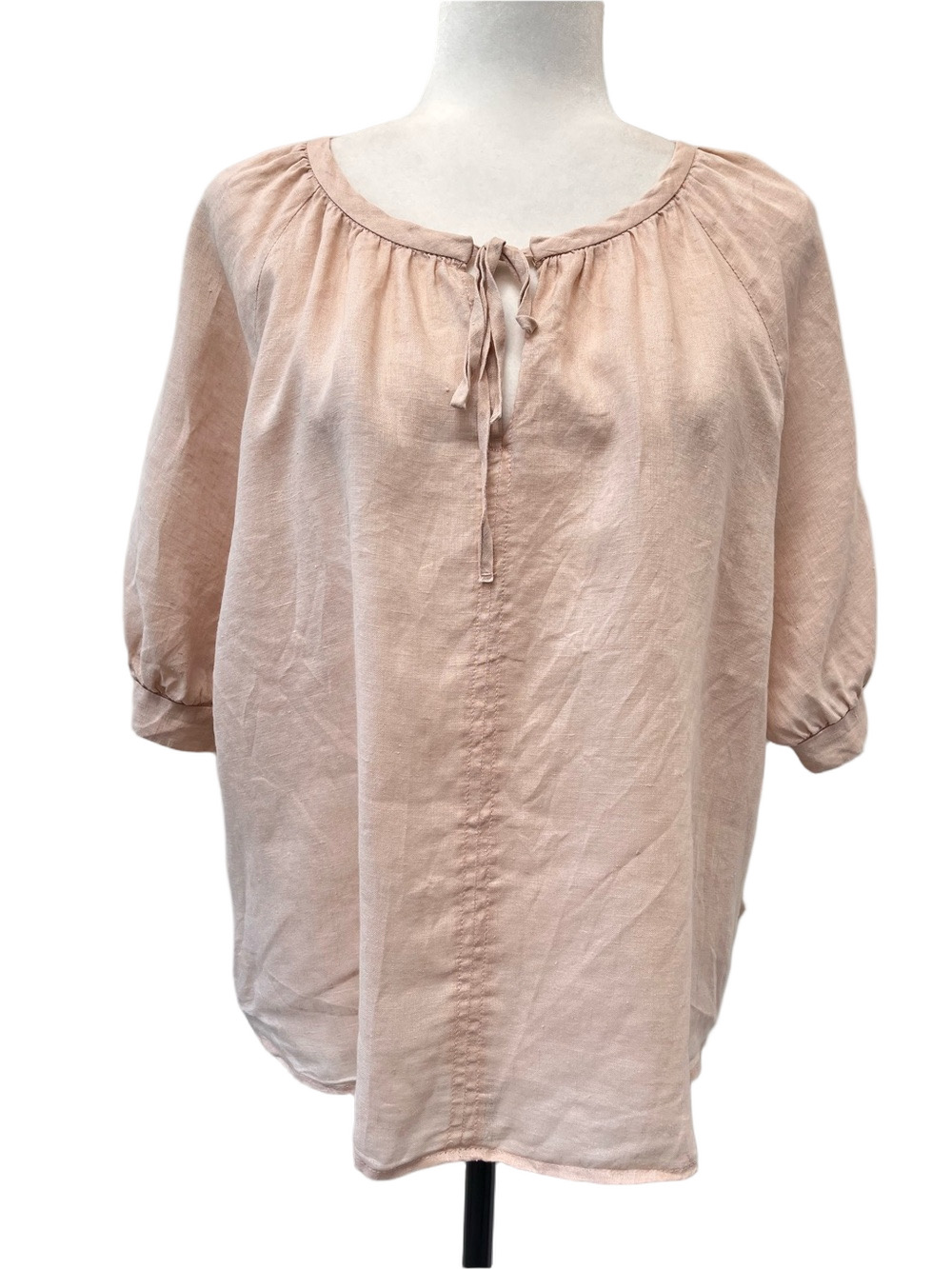 Mango 100% Linen Peasant Blouse Blush Pink Tie Neck Puff Sleeve Oversized Top 4